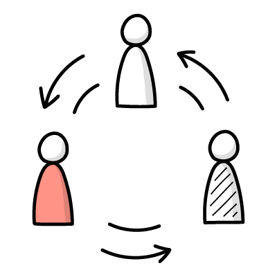 Three cartoon people with arrows