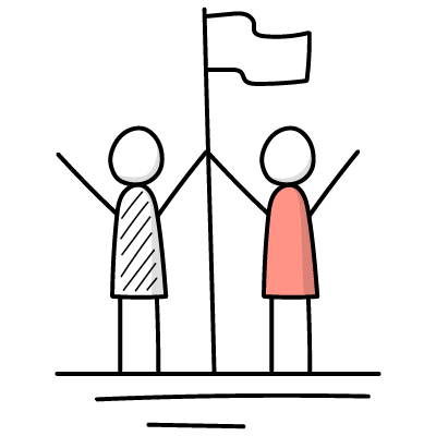 Two happy cartoon figures with flag